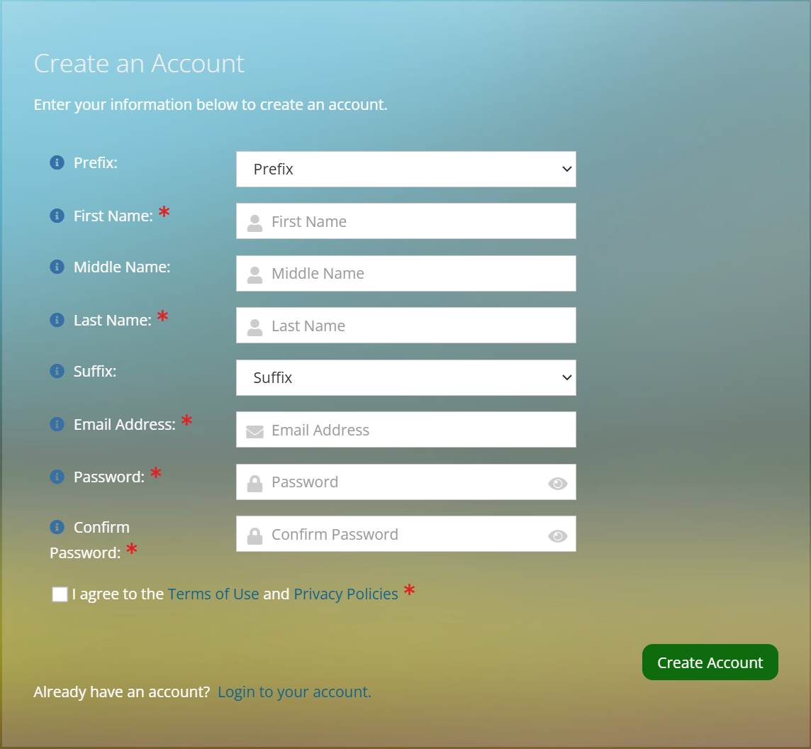 Account creation fields
